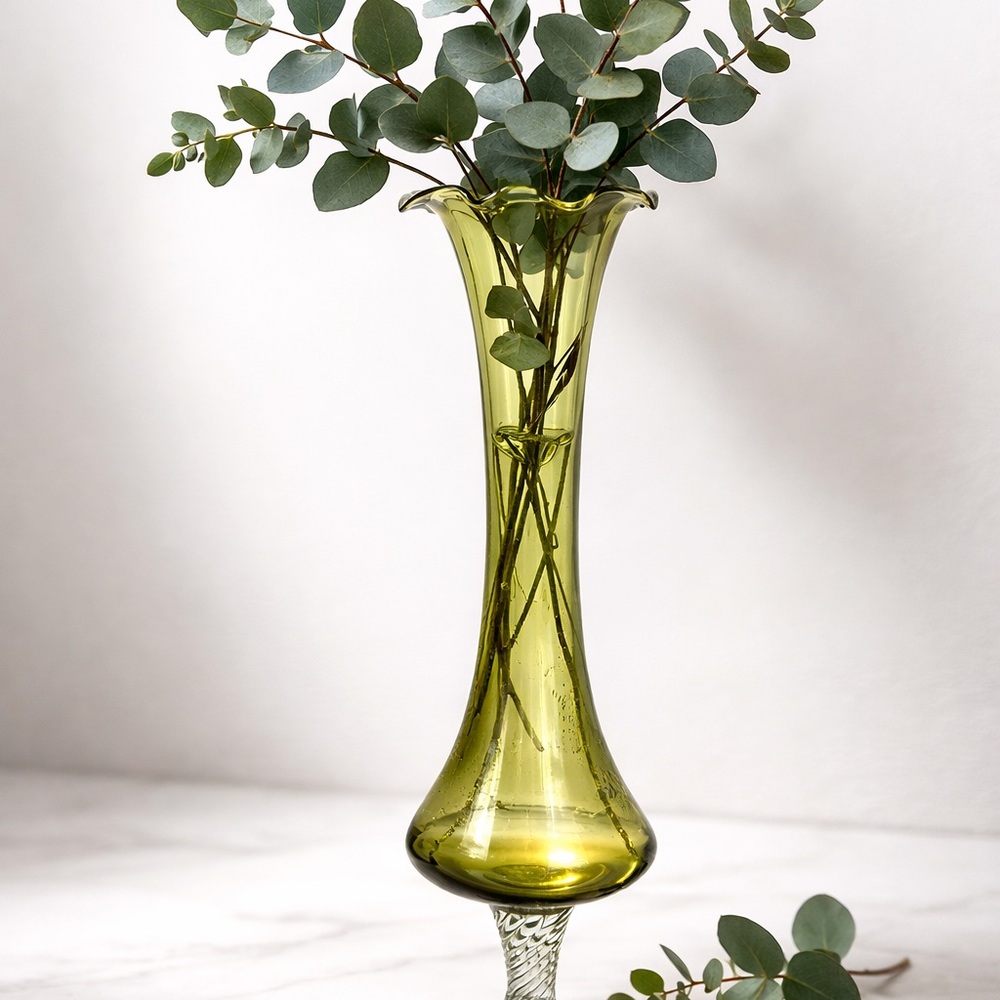 Vintage Olive Green Art Glass Vase Twisted Stem Ruffled Rim 9”